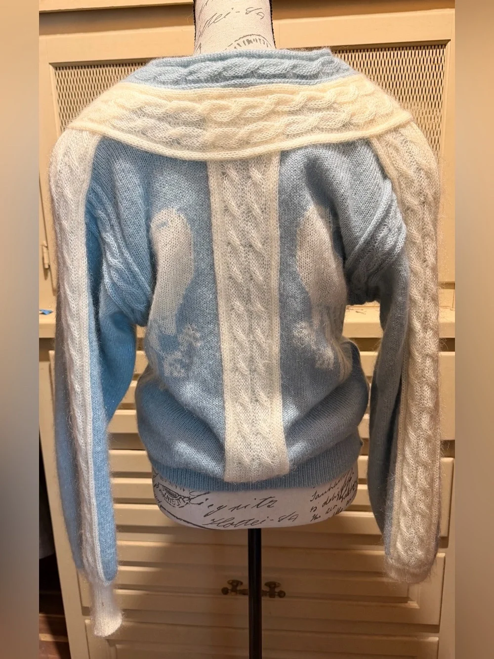 VTG Escada 3Pc Mohair Sweater Set Blue Cream Damaged As Is